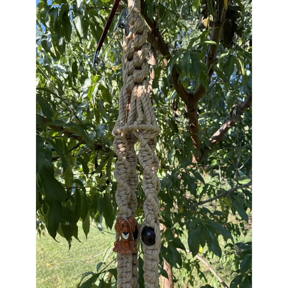 Vintage Macrame Plant Hanger Lion Mcm Animal Beads Ceramic Jungle XL 65
